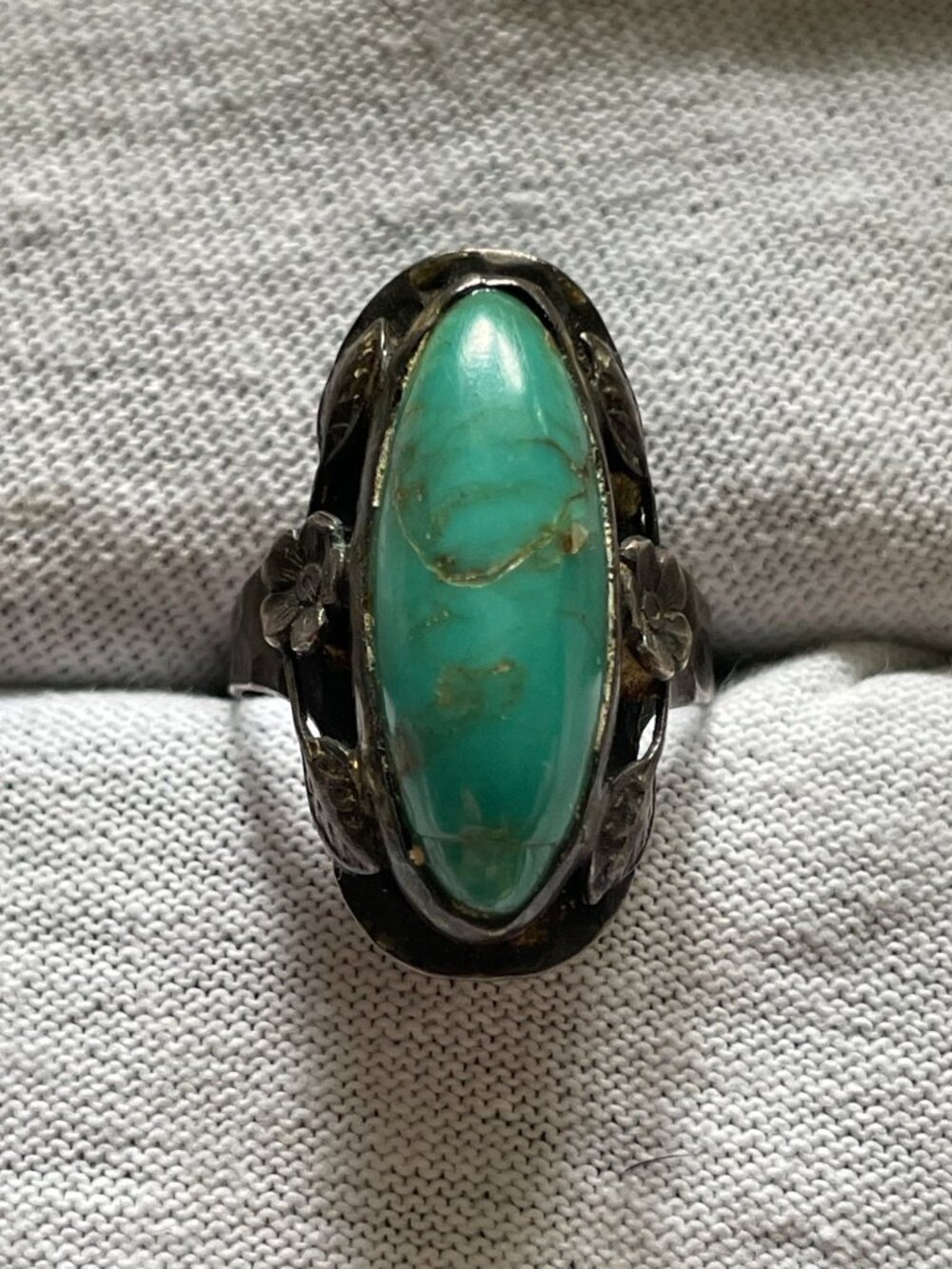 Vintage Sterling Silver Long Turquoise Flower Statement Ring Size 8.5 Character